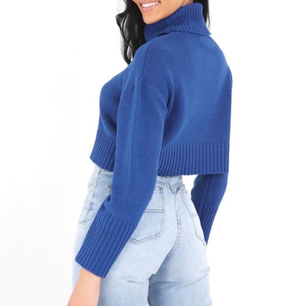 Zara Blue Cropped Turtleneck Sweater‎ Womens Small Knit Long Sleeve Roll Neck